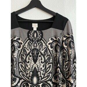 Chico’s Sz 2 (US L) Black White Sheath Shift Dress Knee Length Easy On Off H3